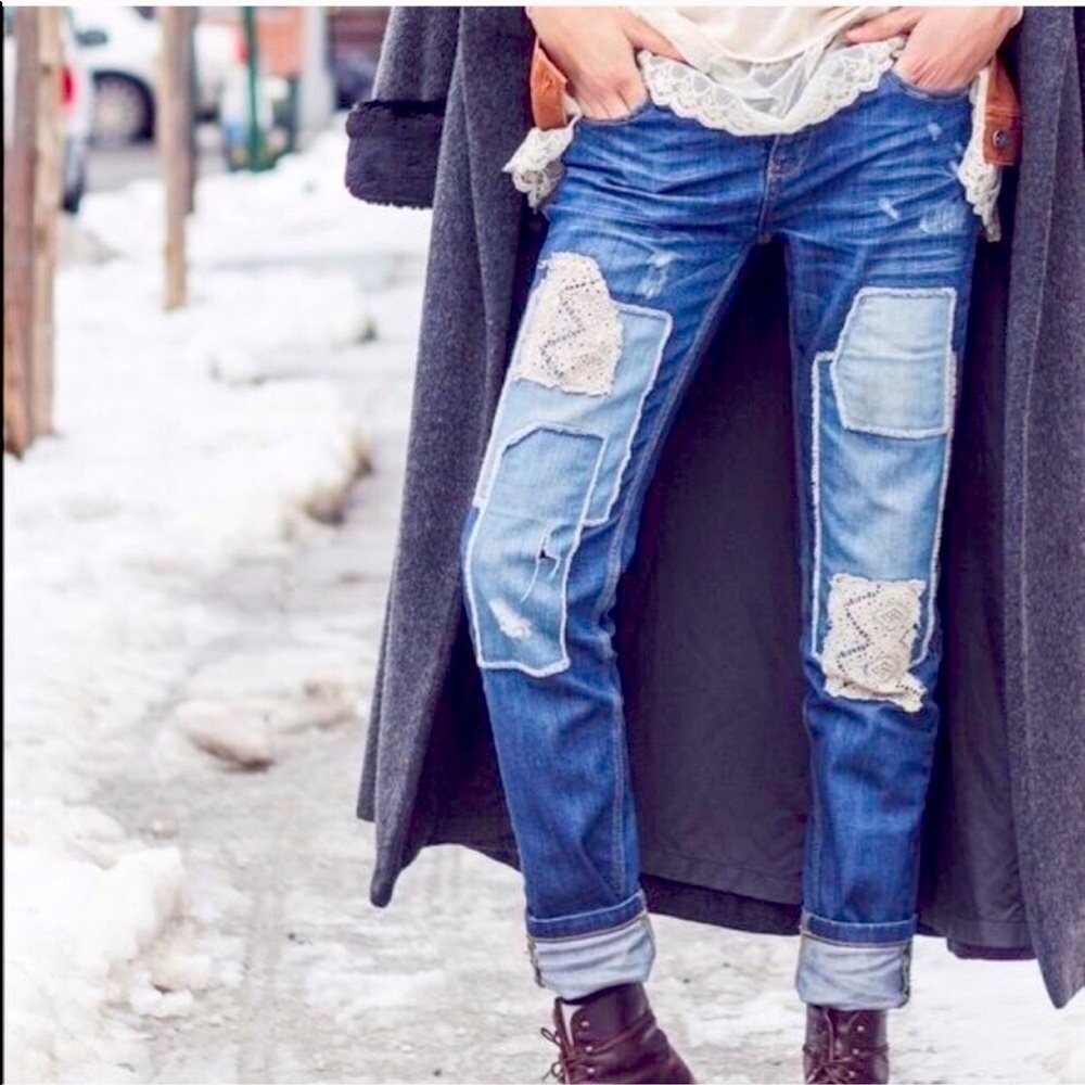Free People denim & crochet Patchwork jeans!